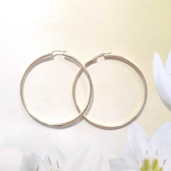 FAS 14k Yellow Gold 925 Sterling Silver Round Hoop Earrings Large Bold Signed - Picture 2 of 12